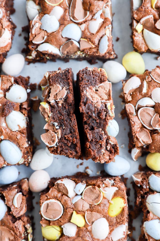 Easter brownies cut in half with mini chocolate eggs
