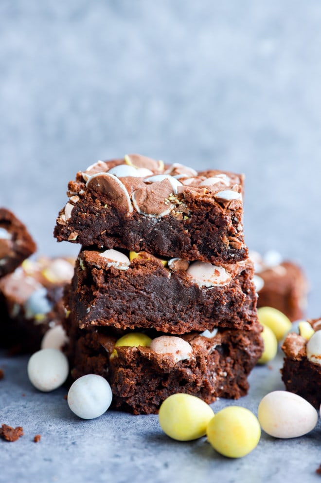 stack of chocolate baked treats with mini eggs