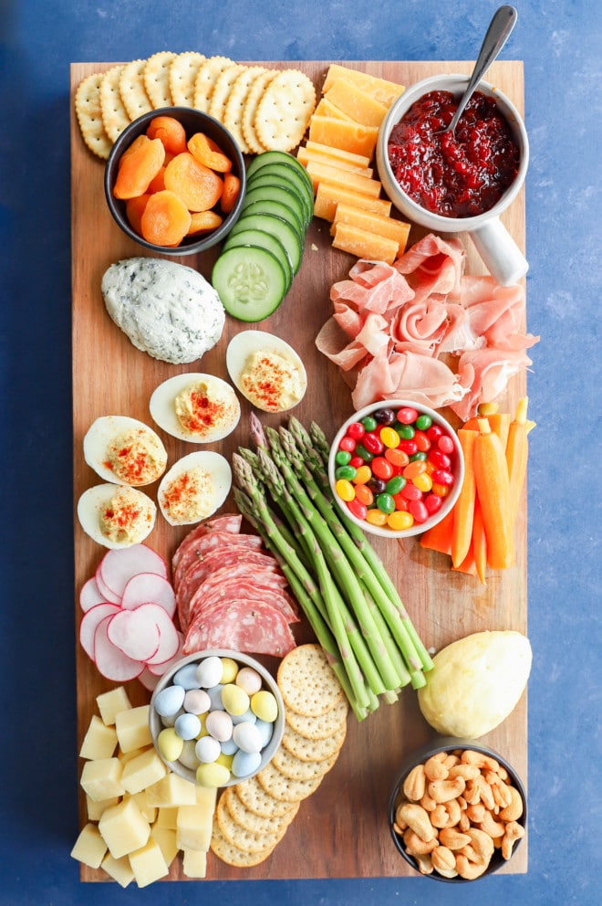 Deviled eggs and vegetables added to a snack platter