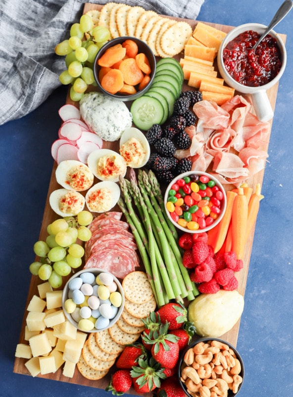 Easter charcuterie board with pretty linen for spring