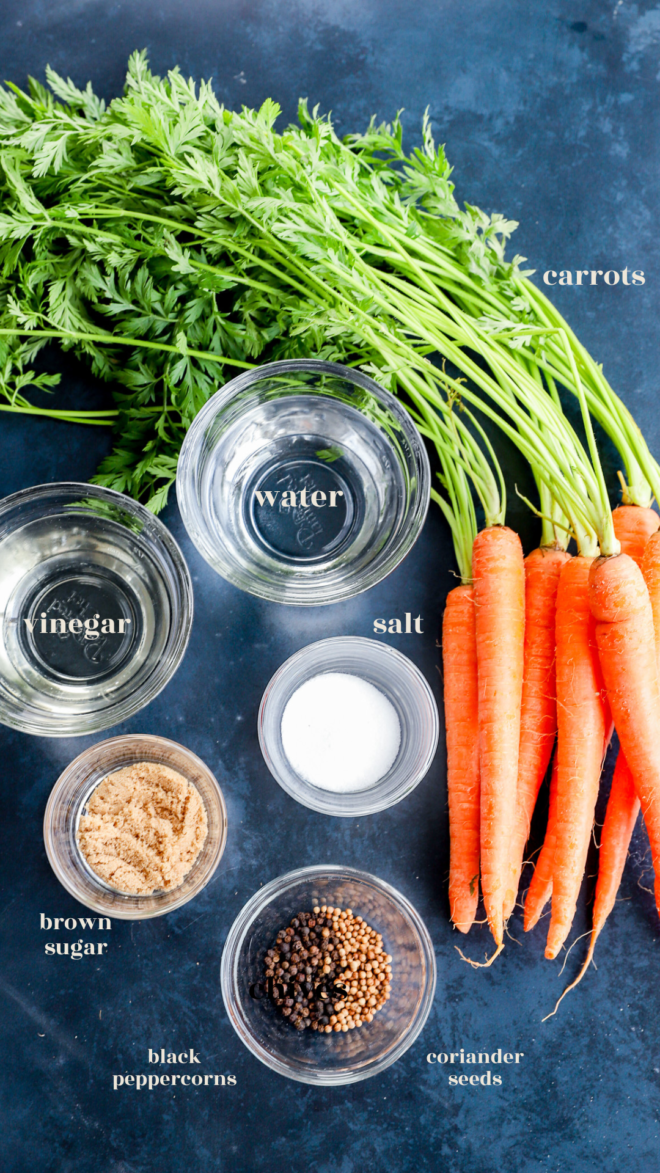 quick pickled carrots ingredients with text labels