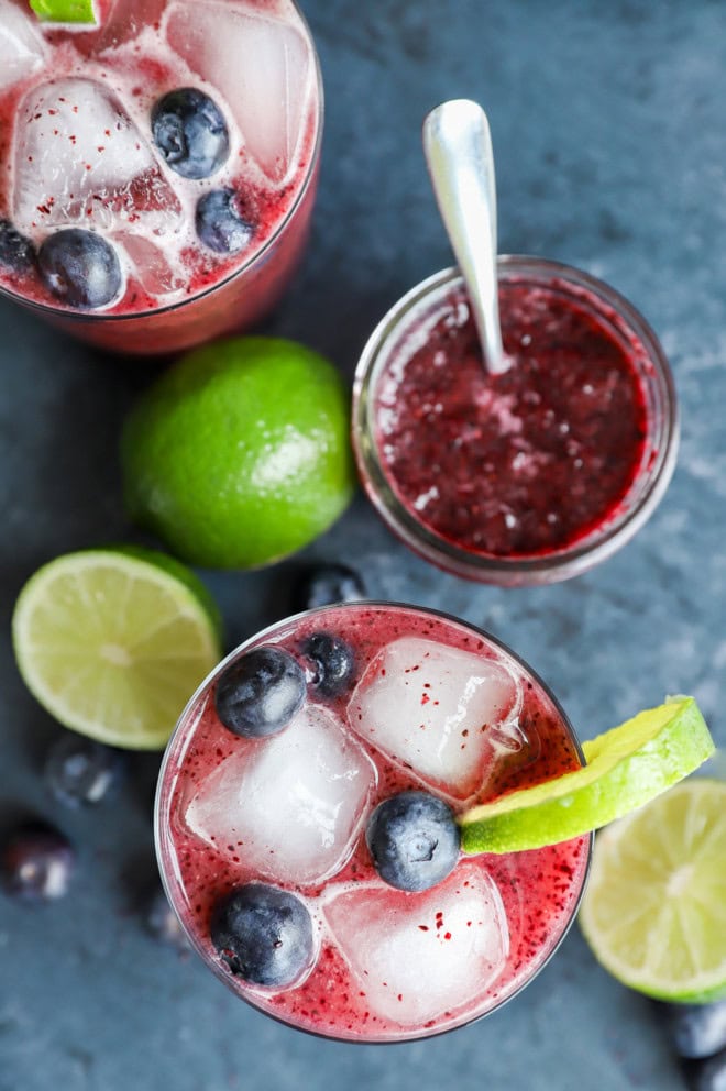 glasses with fresh fruit cocktail with tequila and lime juice