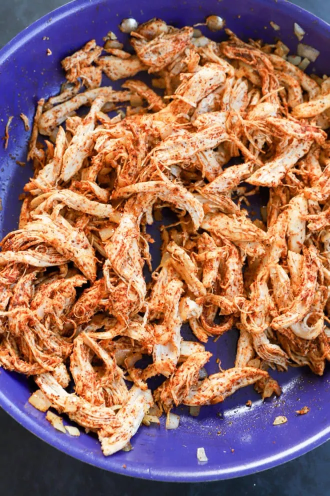 taco chicken filling in a skillet