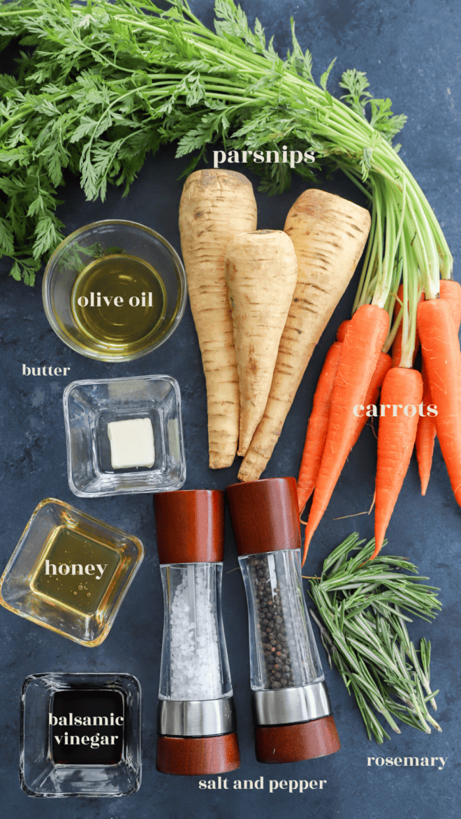 honey roasted carrots and parsnips ingredients image with text labels