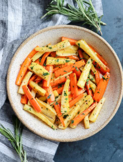 easy root vegetable side dish in bowl with fresh rosemary