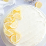 Cream cheese frosted cake with vanilla bean cake layers
