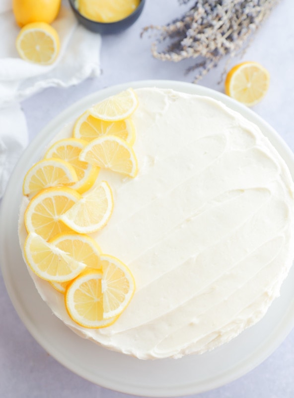 Cream cheese frosted cake with vanilla bean cake layers