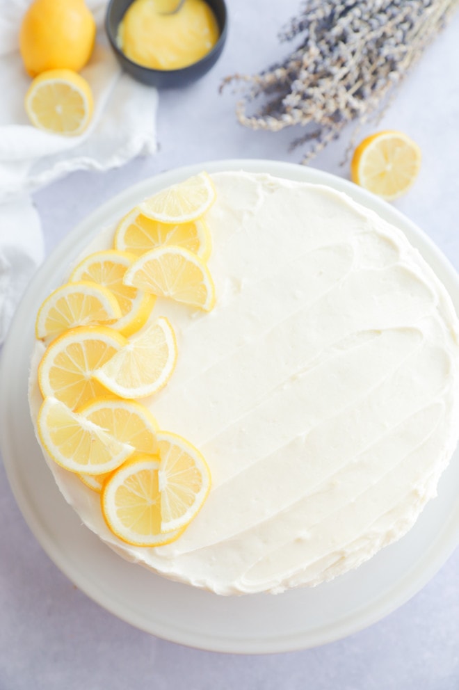 Cream cheese frosted cake with vanilla bean cake layers