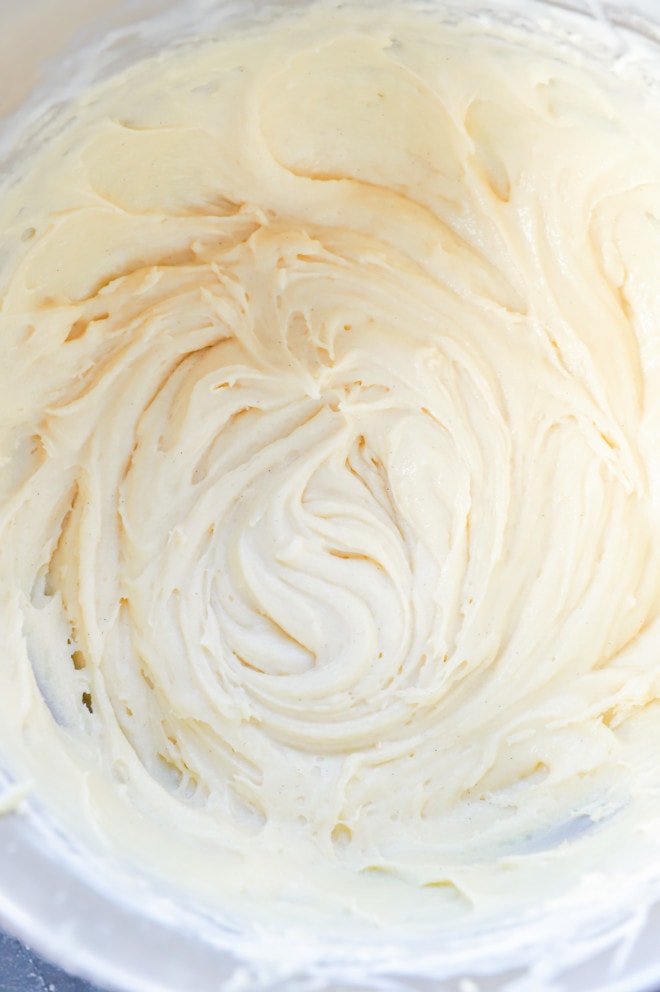 Vanilla bean cake batter in a mixing bowl