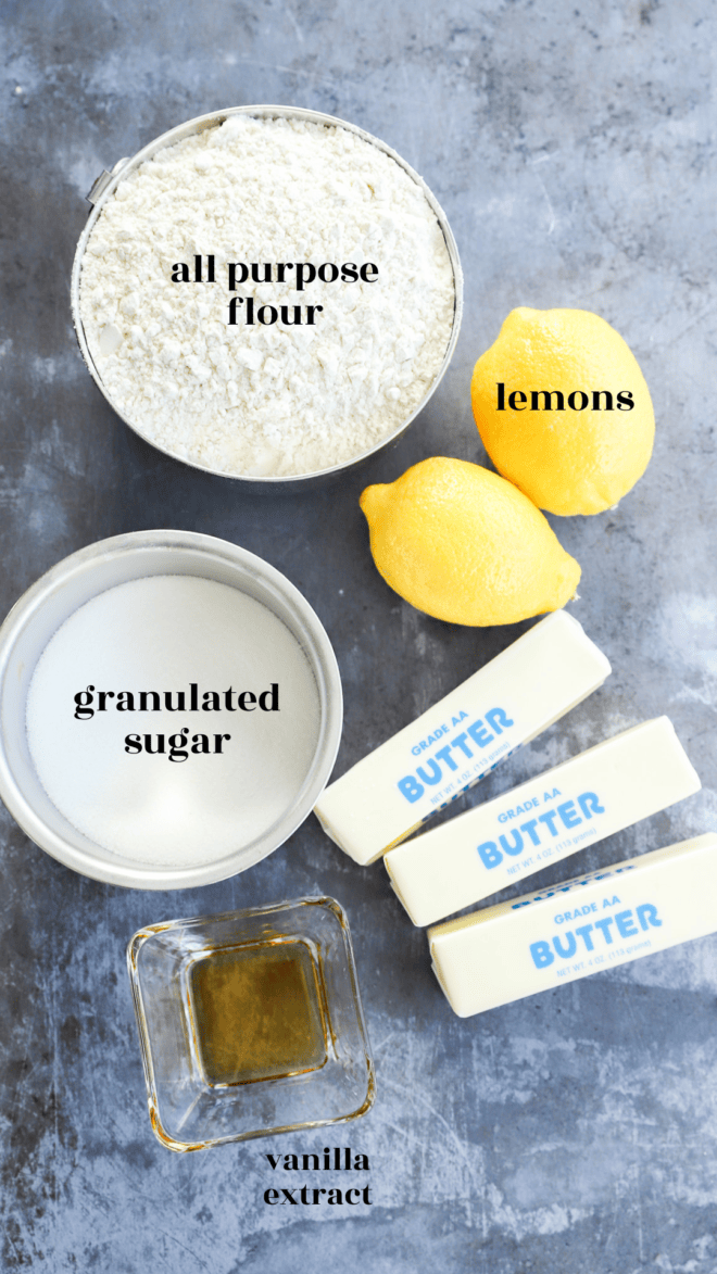 lemon shortbread cookies ingredients image with text labels