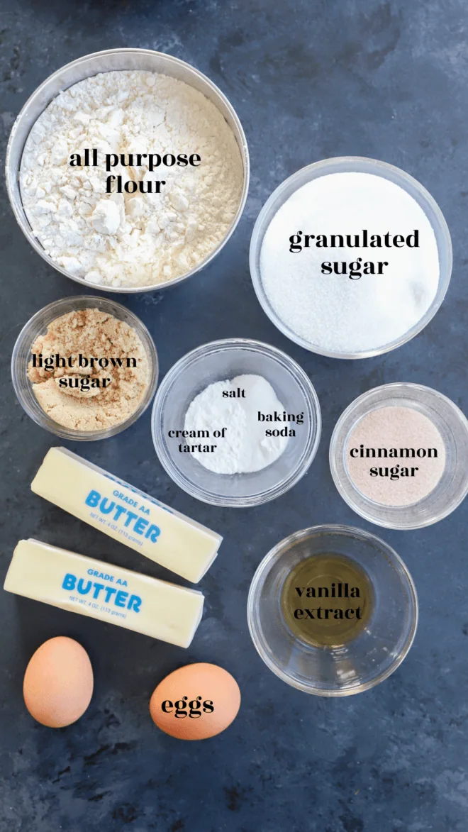 snickerdoodle bars ingredients with text labels