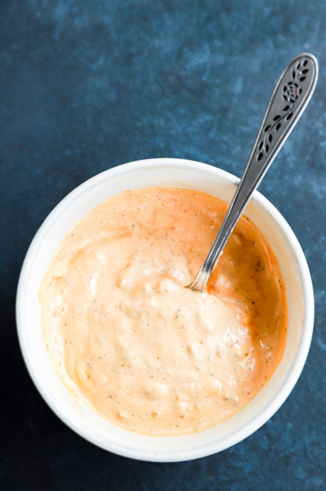 Bowl of creamy spicy dipping sauce