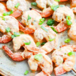 Easy grilled seafood skewers with sauce and green onion on top