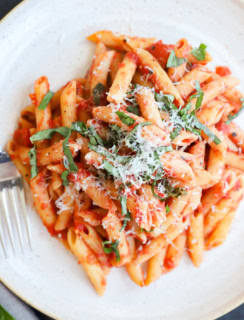 Tomato pasta on plate with fork