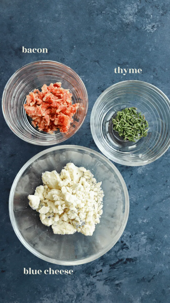 blue cheese bacon and thyme in bowls