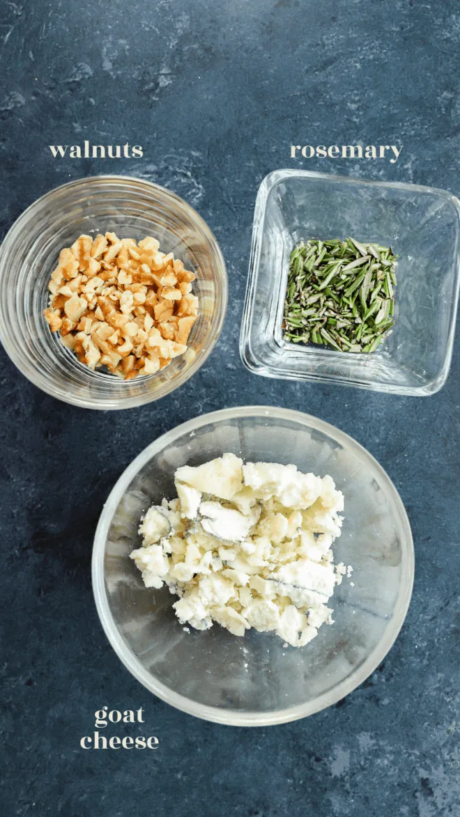 goat cheese walnuts and rosemary in bowls