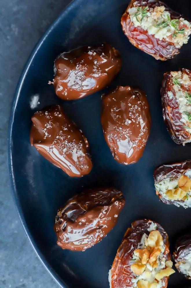 chocolate covered dates on a plate