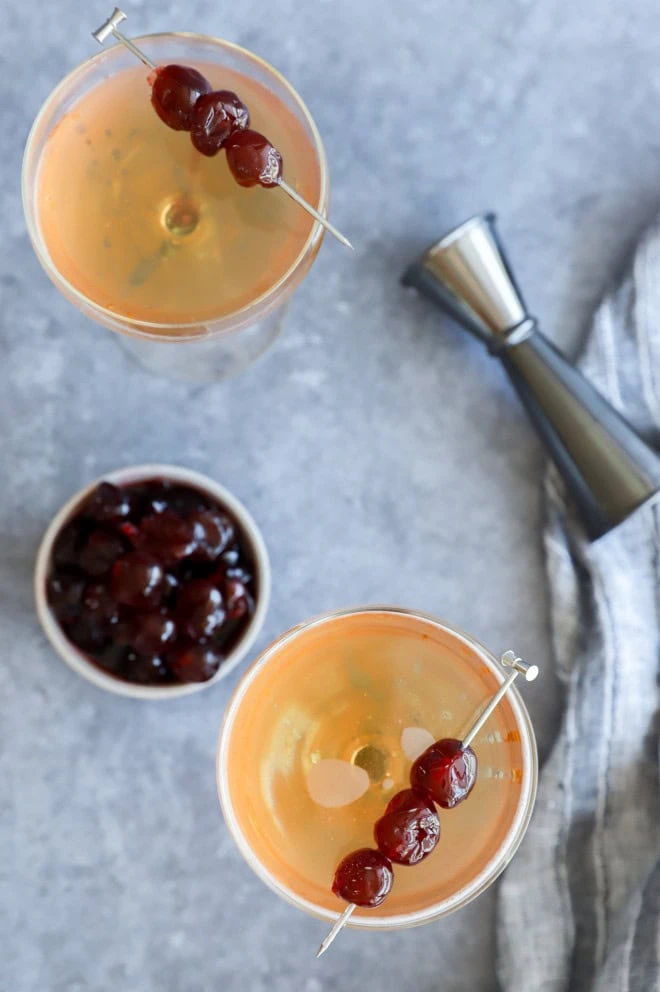 Overhead looking at san francisco cocktail in coupe glasses