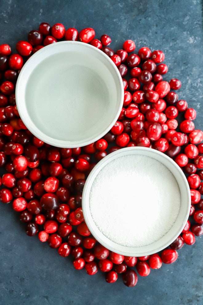 cranberry simple syrup ingredients in bowls