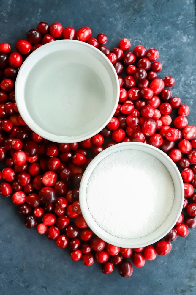 cranberry simple syrup ingredients in bowls