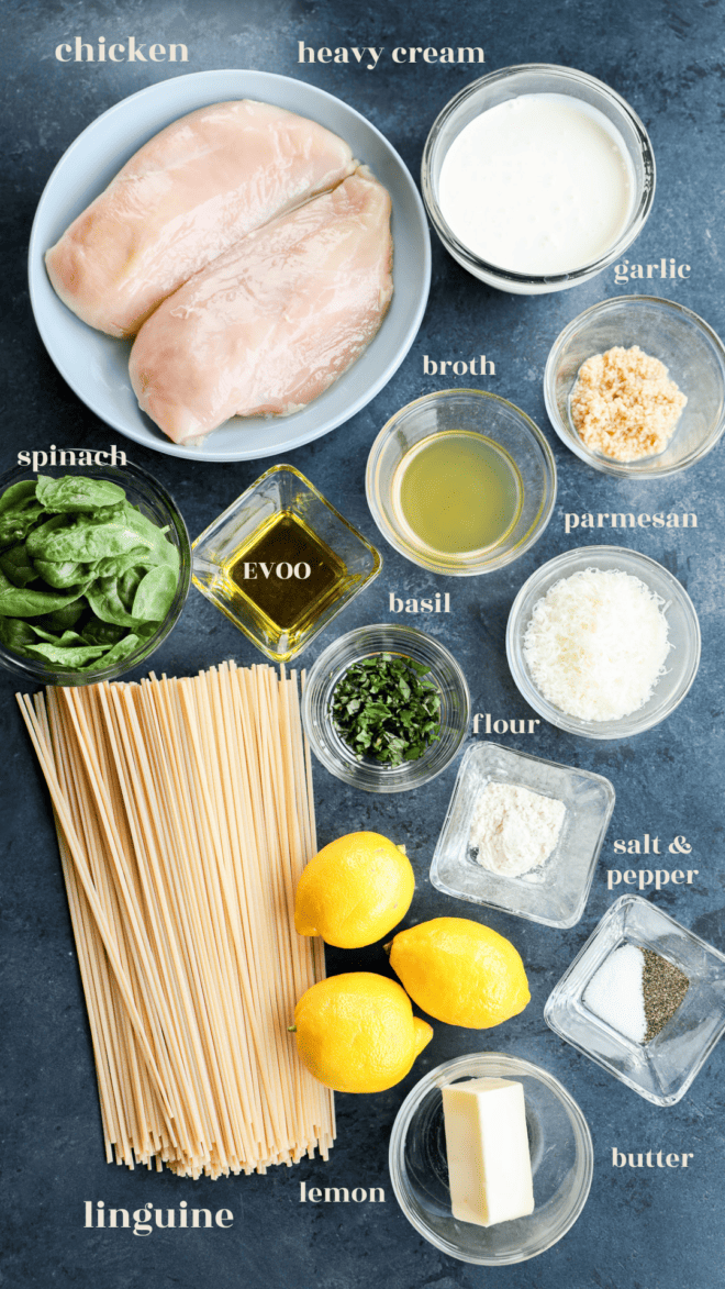 creamy lemon chicken pasta ingredients in bowls with text labels