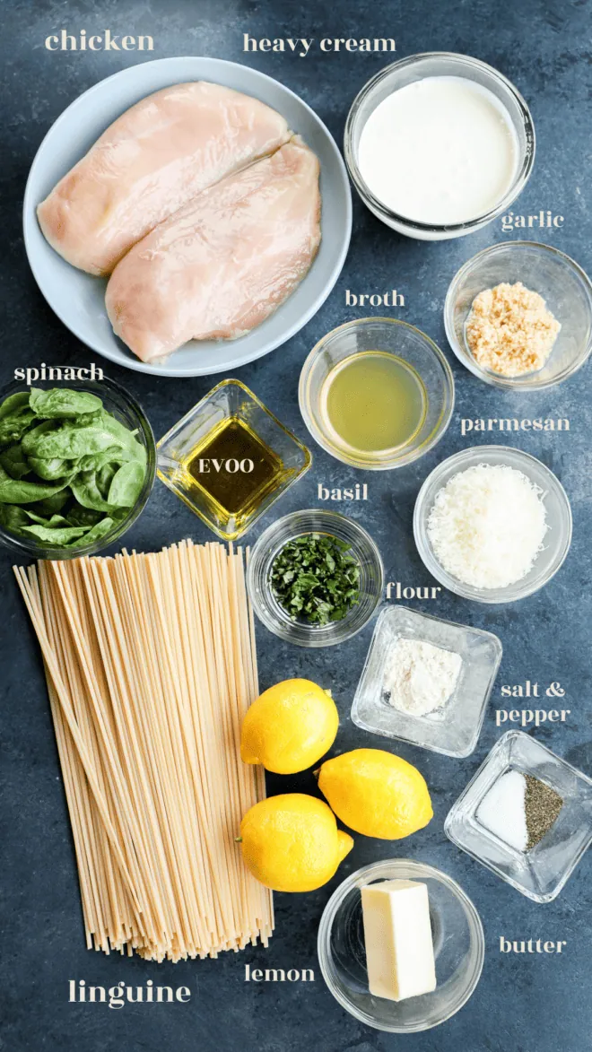 creamy lemon chicken pasta ingredients in bowls with text labels