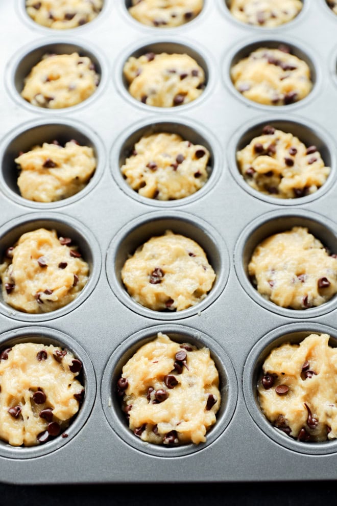 mini chocolate chip muffins batter in muffin tin