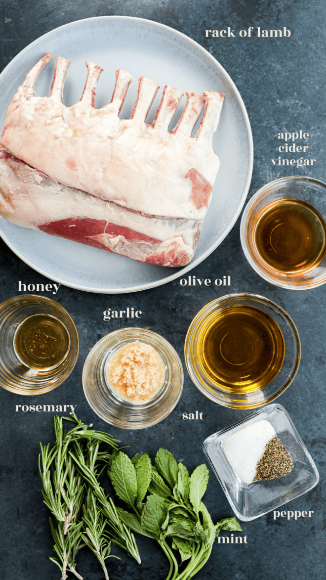 bbq rack of lamb ingredients in bowls with text labels