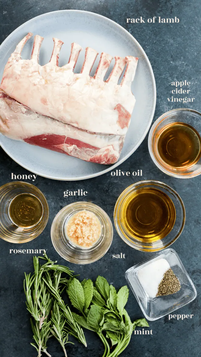 bbq rack of lamb ingredients in bowls with text labels
