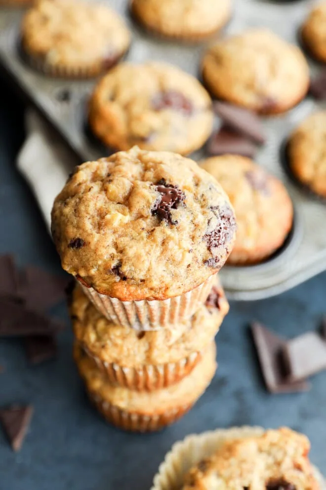 stack of Banana chocolate chunk muffins