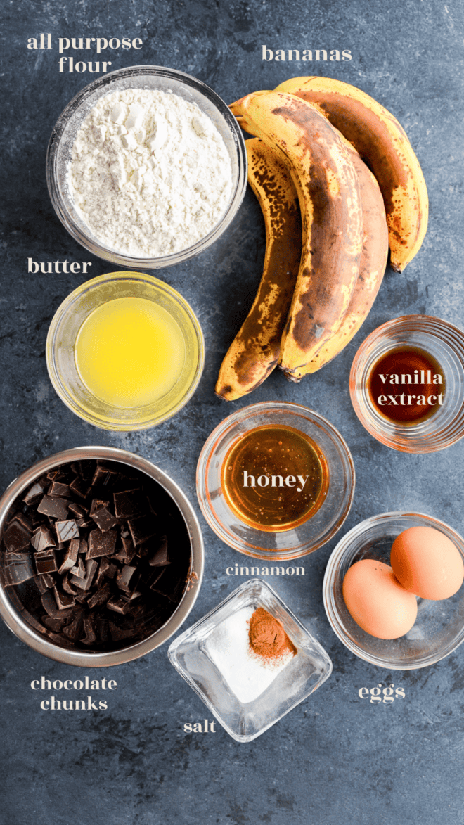 Banana chocolate chunk muffins ingredients in bowls with text labels
