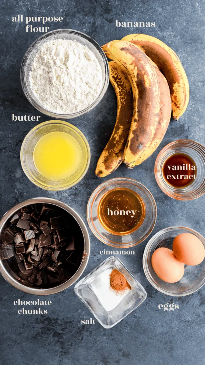 Banana chocolate chunk muffins ingredients in bowls with text labels