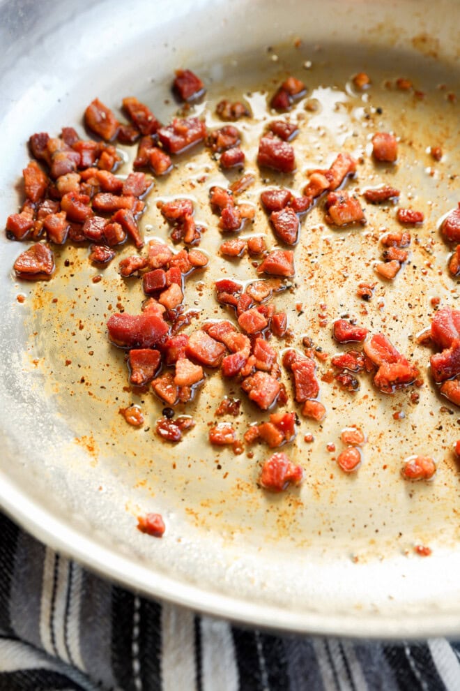 Pancetta cooked in a skillet