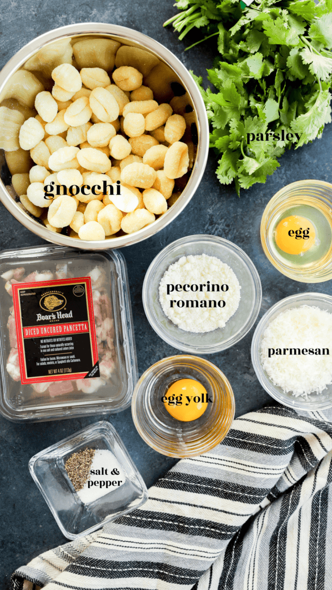 Gnocchi carbonara ingredients in bowls with text labels