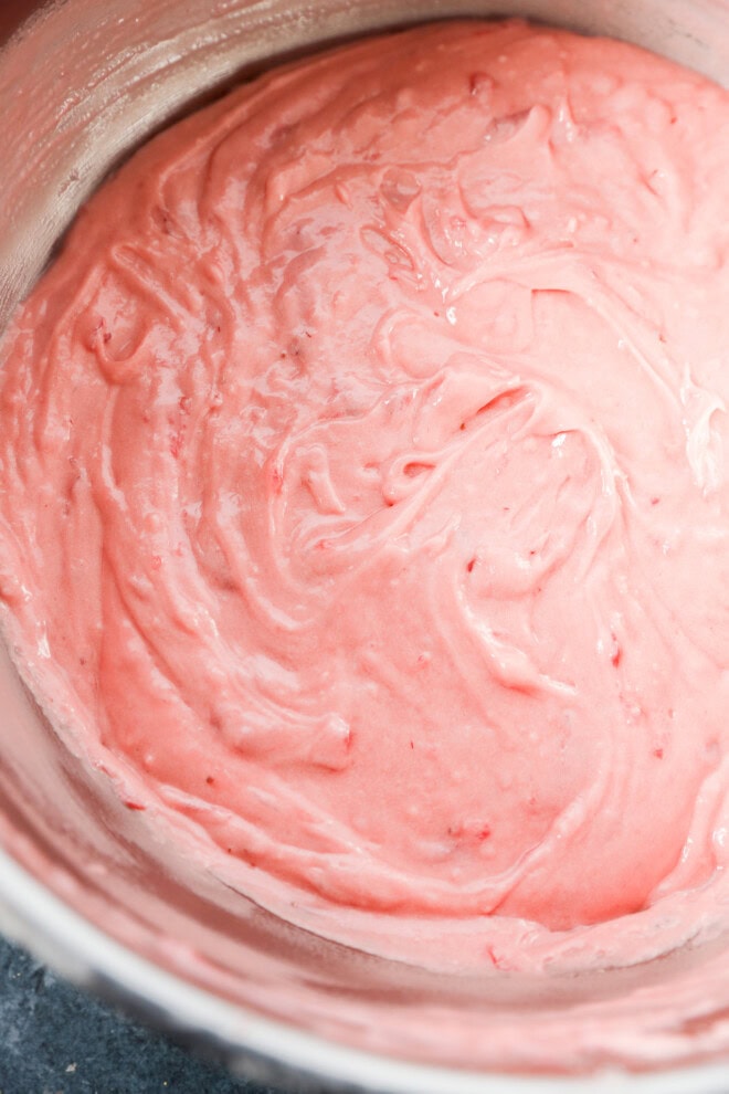 fresh strawberry cake batter in a bowl