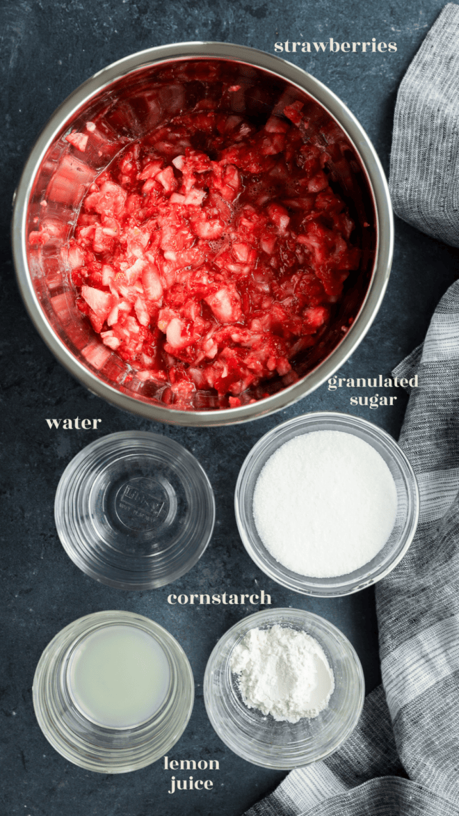 strawberry filling ingredients in bowls with text labels