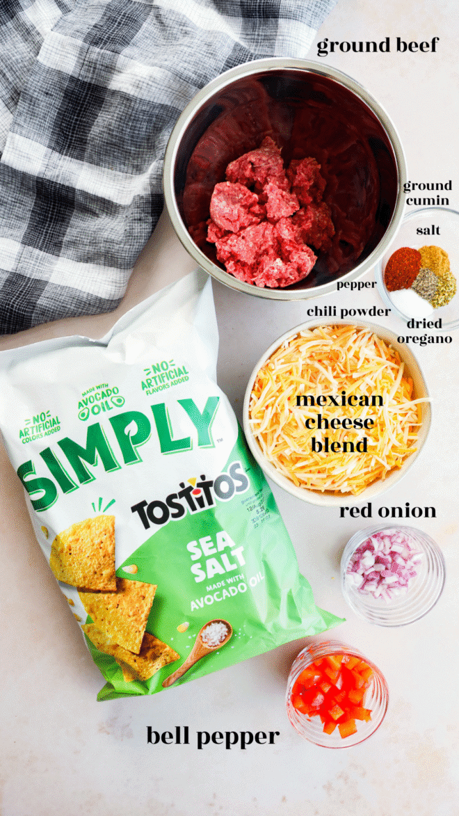 Air fryer nachos ingredients in bowls with text labels