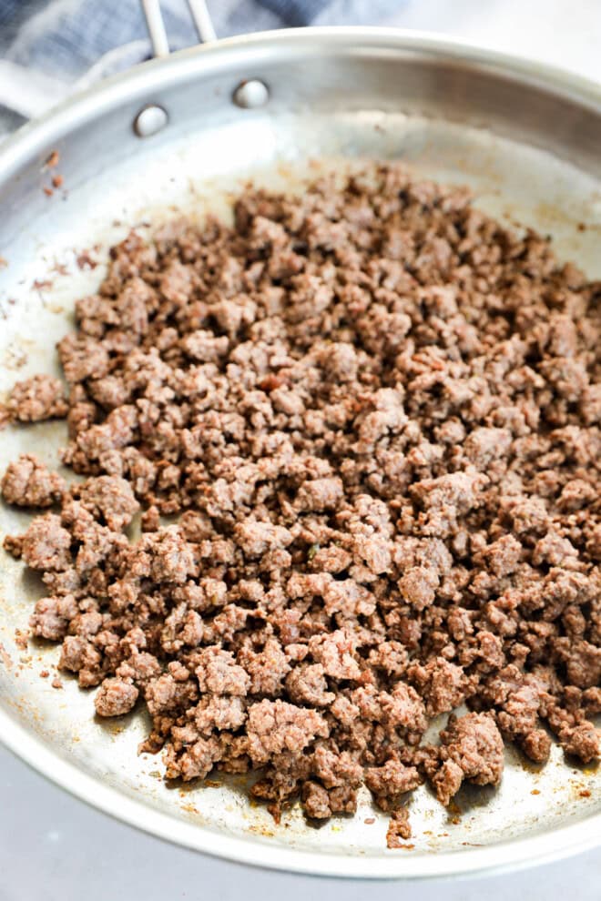 cooked ground beef in a skillet
