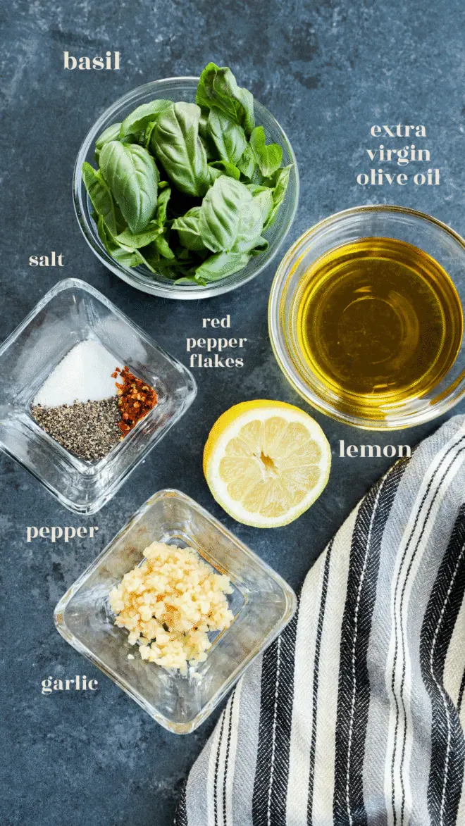 basil oil ingredients in bowls with text labels
