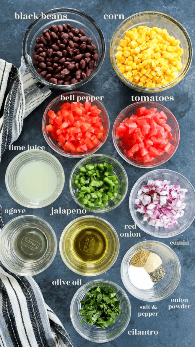 Black bean corn salsa dip ingredients in bowls with text labels