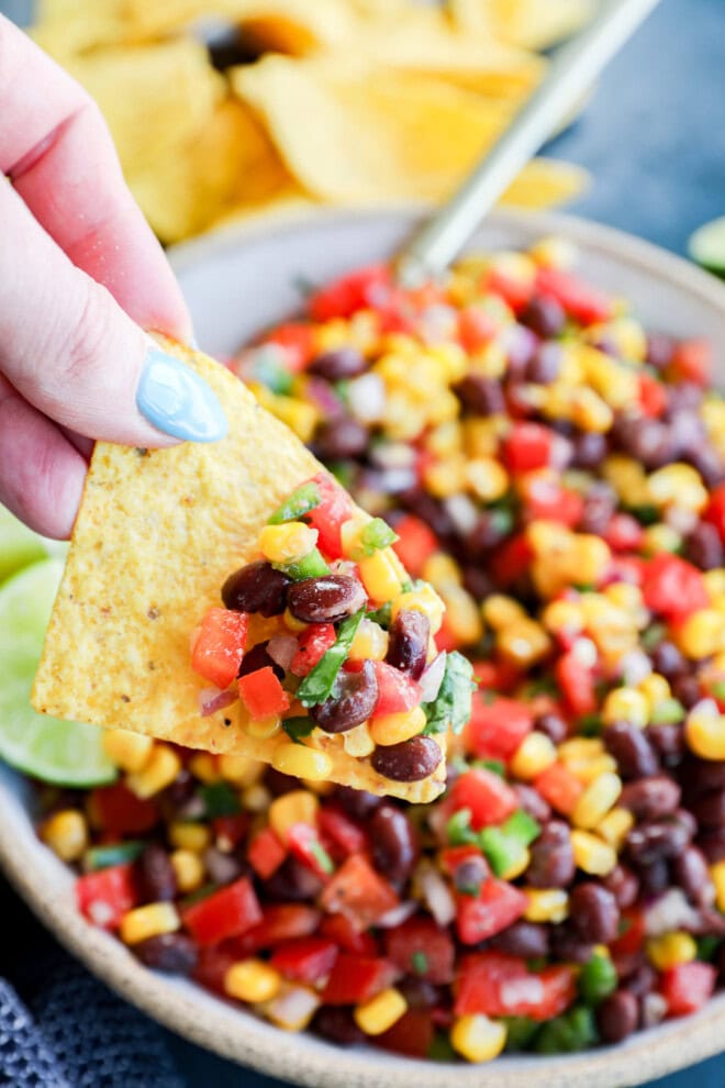 hand holding tortilla chip with appetizer of veggies