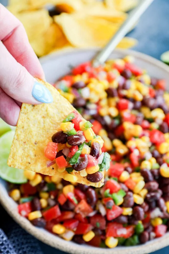 hand holding tortilla chip with appetizer of veggies