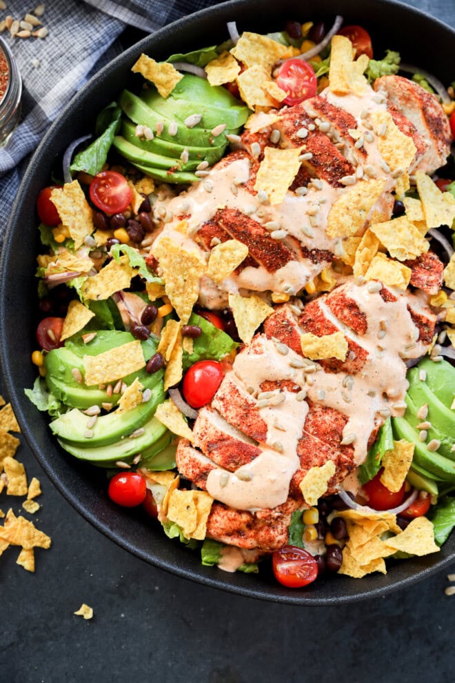 Southwest Chicken Salad in a large black bowl with linen