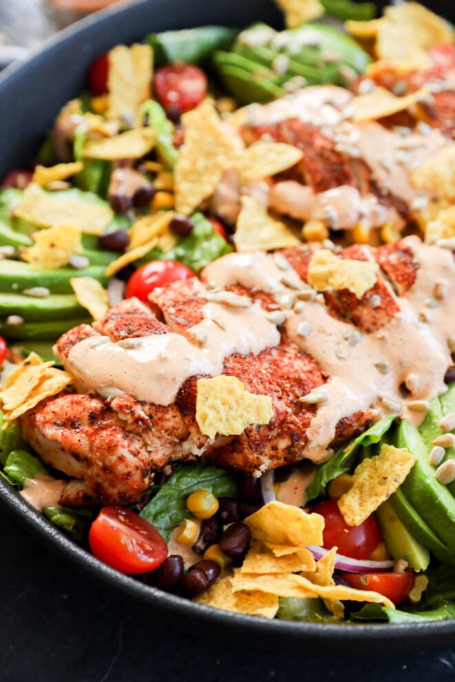 bowl of Southwest Chicken Salad before serving with dressing on top