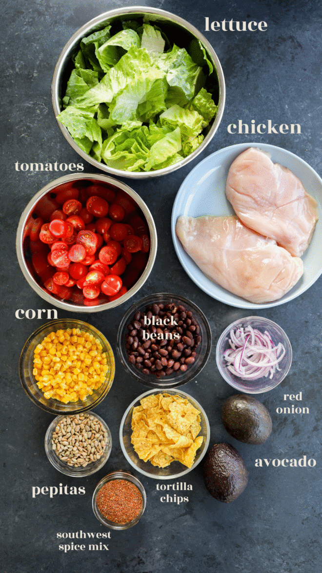 southwest chicken salad ingredients in bowls with text labels