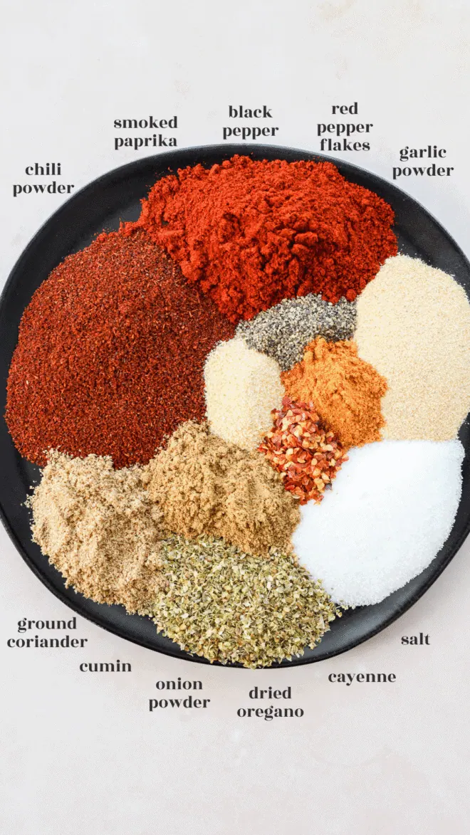 southwest spice mix ingredients on a plate with text labels