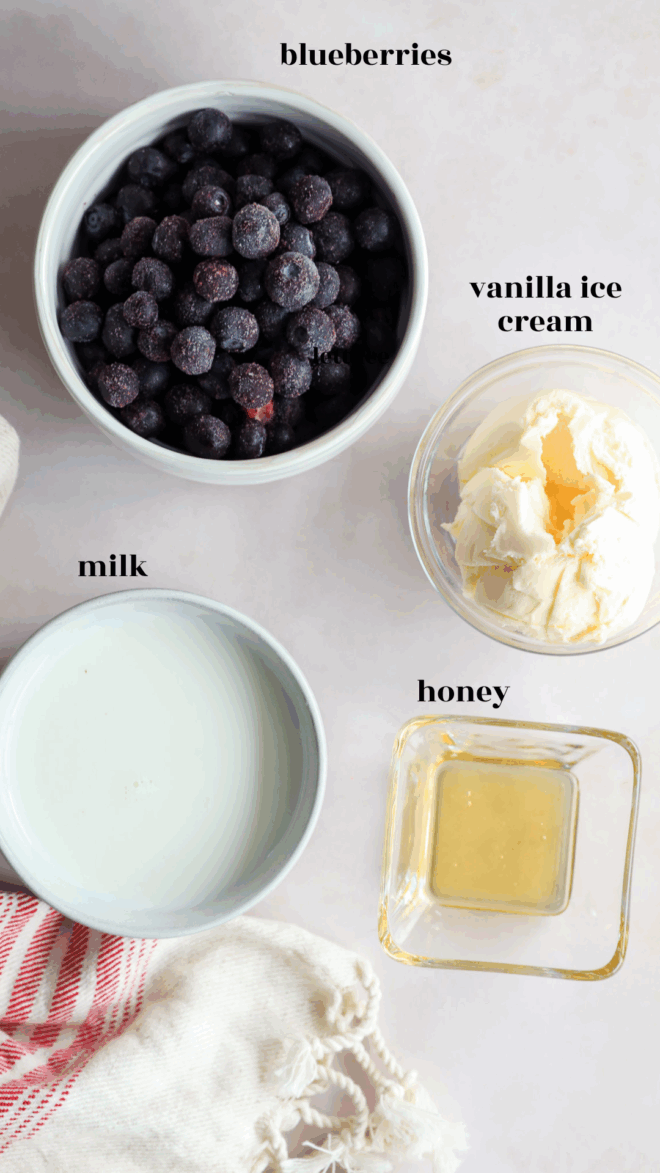 blueberry milkshake ingredients in bowls with text labels