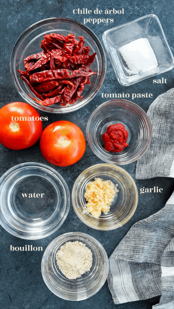 chile de arbol salsa ingredients in bowls with text labels