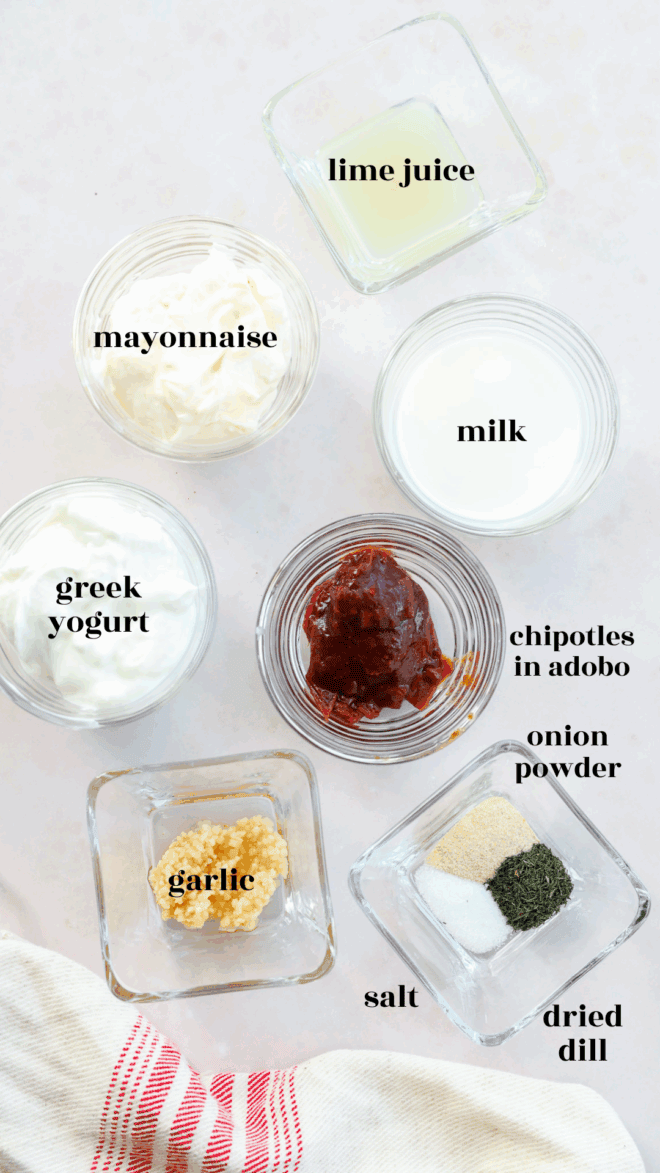 chipotle ranch salad dressing ingredients in bowls with text labels