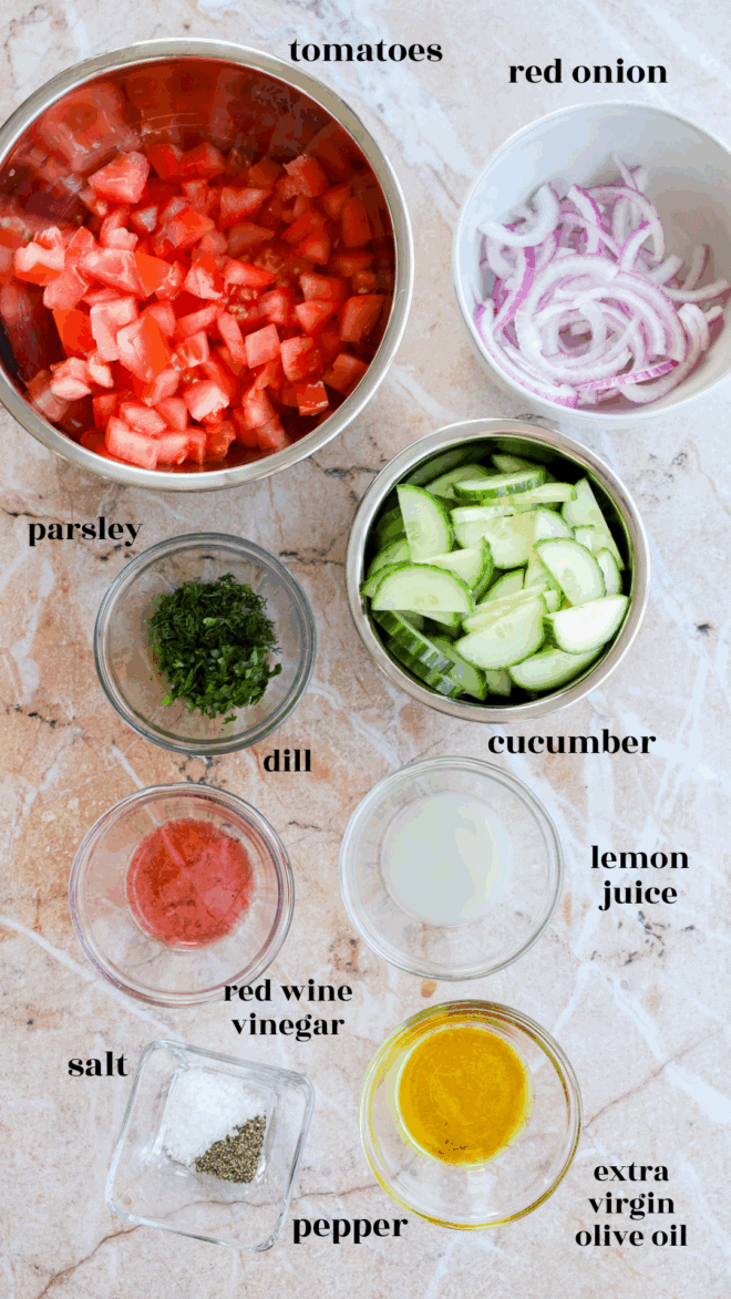 Cucumber tomato salad ingredients in bowls with text labels
